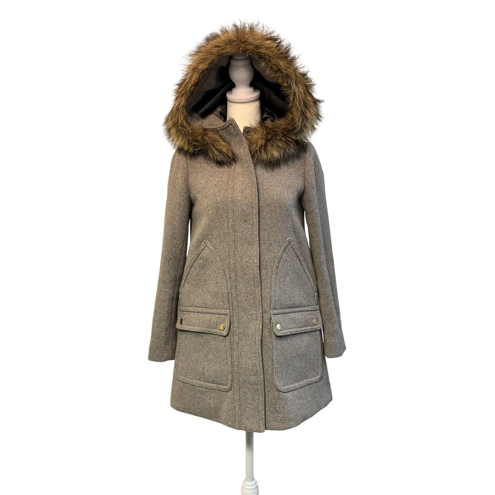 J.Crew Wool Blend Coat with Faux Fur Hood Gray Winter Outerwear‎ Sz Petite 00